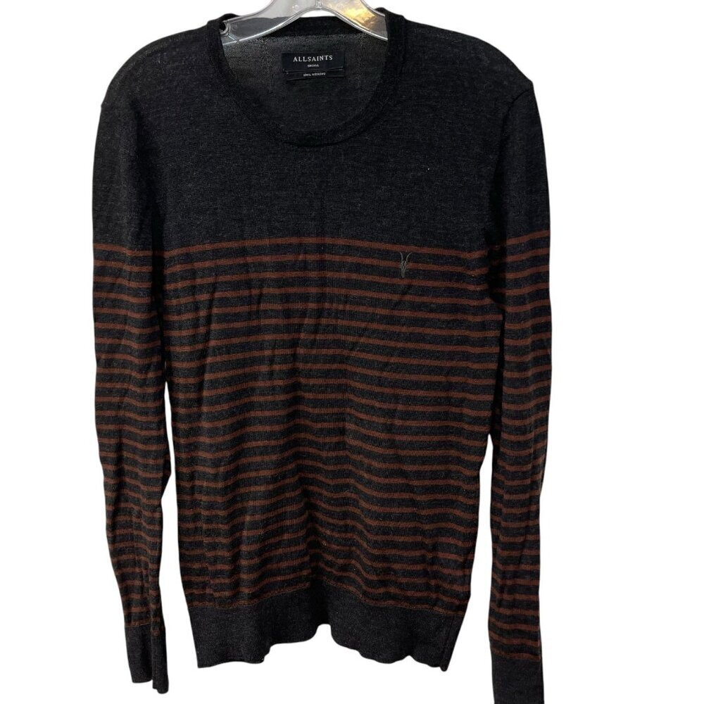Allsaints Mens Keel Merino Wool Crew Sweater Stripes Size Small Gray Brown